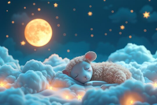 A 3D illustration of a fluffy sheep sleeping on clouds bathed in the glow of a full moon and stars.