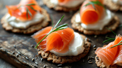 Sustainably sourced smoked salmon served on whole wheat crackers.