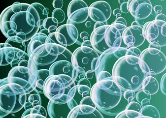Green light bubbles on green background. Realistic transparent soap bubbles. Vector illustration.