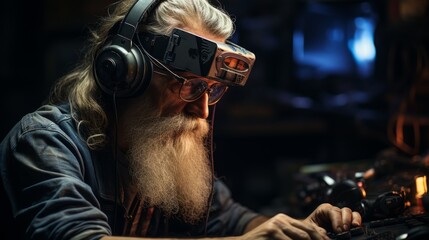 Bearded Man Listening to Music With Headphones