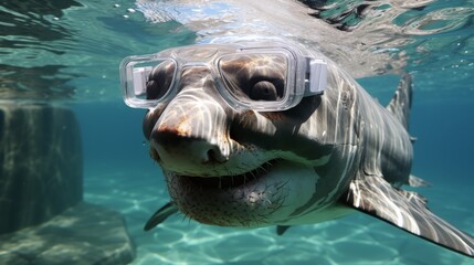 Sea Turtle Wearing Goggles Close Up