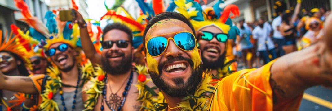 Joyful moments captured as girls take selfies at a vibrant street party parade, celebrating Brazilian Carnaval in a whirlwind of costumes and camaraderie