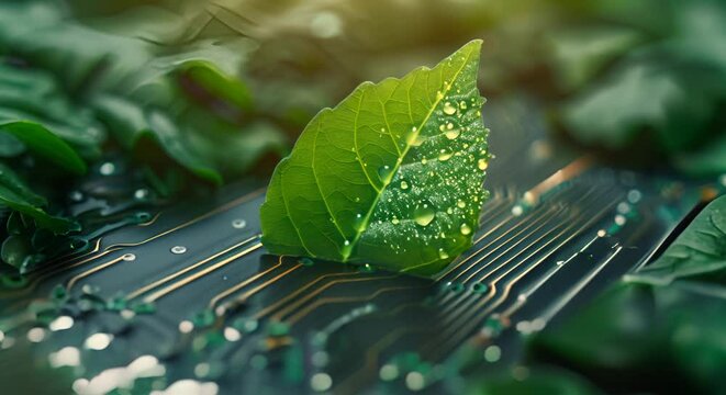 Minimalist design symbolizing sustainability, a green leaf integrated into a circuit board