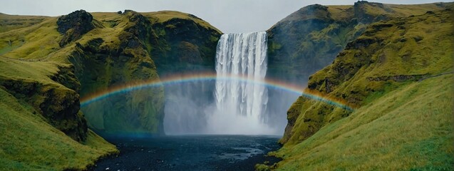 Drone shot of waterfall forming beautiful rainbow, icelandic landscape with nordic nature,...