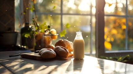 A bottle of milk and bread on the table next to the windows, AI