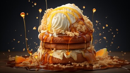 Stack of Pancakes With Ice Cream and Caramel Syrup