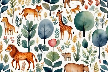 Animals in the forest, seamless pattern with animals