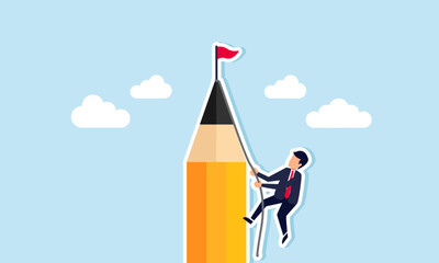 Creative challenge: idea, motivation to achieve business goal, Concept of Young creative climbs pencil mountain for victory flag
