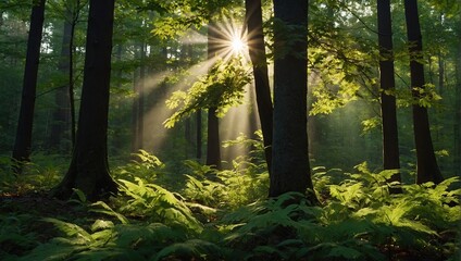 forest fresh leaves and sun rays