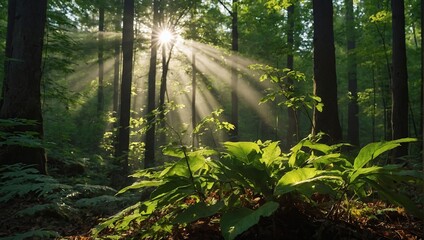 forest fresh leaves and sun rays