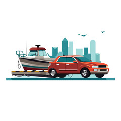Suv towing boat at city flat vector illustration is