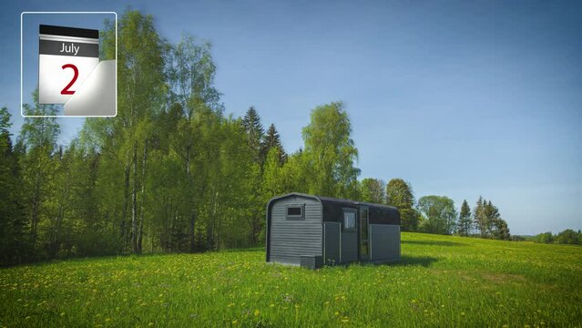 Full year four season time lapse of a cabin trailer with a calendar countdown