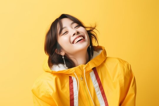 happy asian woman in yellow raincoat smiling and looking up over yellow background