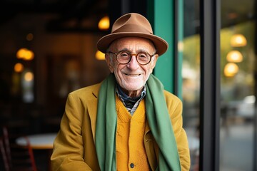 Portrait of senior man in hat and coat in a cafe.