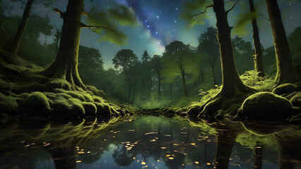 Enchanted forest scene with glowing moss, serene water, and a starry night sky peering through the trees.