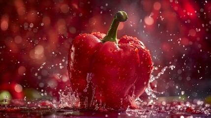 A ripe red pepper with dew and water drops in the air. Fresh, juicy red peppers with shiny skin reflect water drops. Ripe pepper in the fullness of nature. - obrazy, fototapety, plakaty