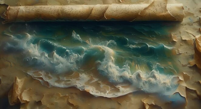 Ocean wave curling into a scroll of ancient parchment