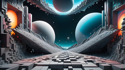 Surreal digital art of a checkerboard path leading to giant planets in a starry sky, with abstract structures on sides.