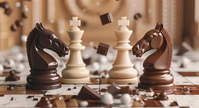 Whimsical 3D rendered scene of milk and chocolate blocks playing chess