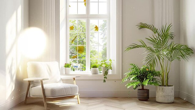 idea of white room with armchair and summer landscape from window. seamless looping overlay 4k virtual video animation background