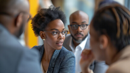 Close-up of a diverse group of professionals having a discussion in a modern office setting