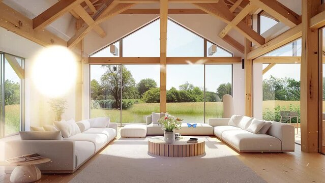 living room of luxury eco house parquet floor. seamless looping overlay 4k virtual video animation background