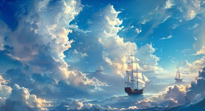 A dreamy seascape with ships sailing on clouds instead of water
