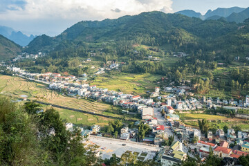 View of Dong Van town and Karst Plateau UNESCO Global Geopark, Dong Van, Ha Giang, Vietnam - obrazy, fototapety, plakaty