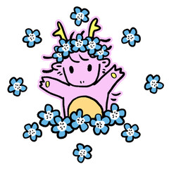 青い花とかわいい龍のイラスト