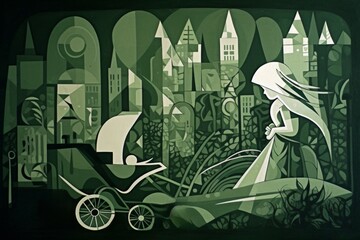 A woman pulls a baby stroller through the cityscape.