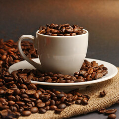 Delicious coffee beans inside the cup and plate from the front