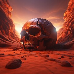 Alien skull relics in a cave, red planet dusk, wide angle, extraterrestrial archaeology , 3D render