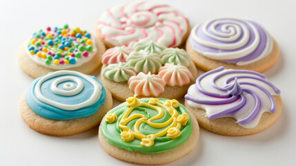 A collection of intricately decorated cookies resting on top of a wooden table.