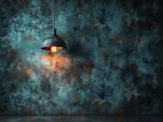 Vintage Industrial Pendant Light Against a Textured Wall with Copy Space