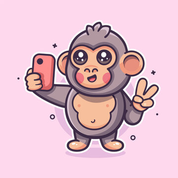 funny gorilla animal character mascot taking a selfie with a smartphone isolated cartoon