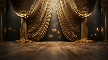 Elegant gold curtains with stars on dark stage, event and theater concept with copy space.