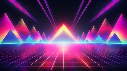 Synthwave retro futuristic landscape with sun, grid, and mountains. Digital retro cyberpunk aesthetic design for poster, wallpaper, music album cover. - obrazy, fototapety, plakaty