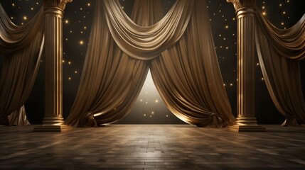 Luxurious theater stage with golden drapes and shining stars, dramatic performance and premiere concept with copy space.