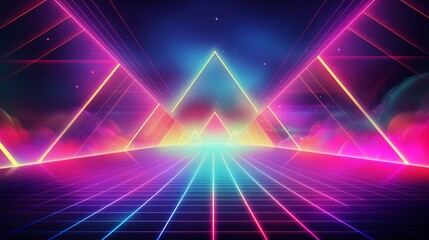 Synthwave retro futuristic landscape with sun, grid, and mountains. Digital retro cyberpunk aesthetic design for poster, wallpaper, music album cover.