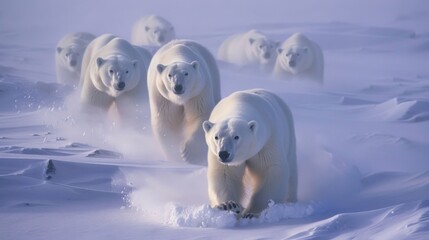 A group of polar bears trudge through the deep snow their white fur camouflaging them against the frozen landscape as they search for a seal to hunt.