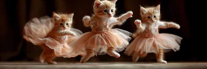 Tiny little baby cat in a dress dancer Cute cat,
A graceful cat in a tutu and ballet slippers twirls on stage
