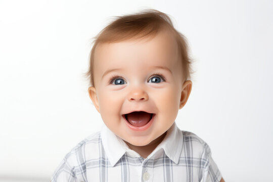 portrait of a baby with a wide smile on a light background