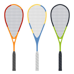 Squash racket vector illustration. Set of different colored rackets.