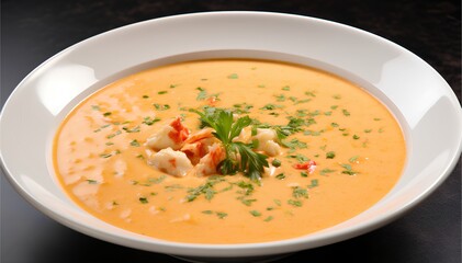 Lobster Bisque, classic creamy and smooth, seasoned soup from lobster and aromatics, cinematic food photo