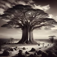 Tafelkleed A black and white documentary landscape of enormous ceiba trees so tall they seem to touch the sky. © Yuthana