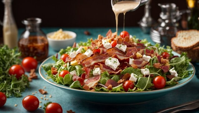 Healthy veggie salad on top with diced bacon, cinematic food photography, yummy dish 