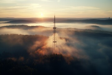 Tower Rising Above Foggy Forest