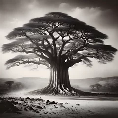 Fotobehang A black and white documentary landscape of enormous ceiba trees so tall they seem to touch the sky. © Yuthana