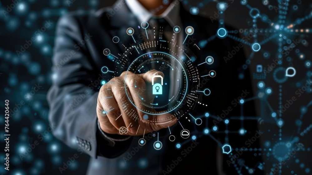 Aufkleber businessman tapping secure network icon - an executive in a smart suit is engaging with holographic 