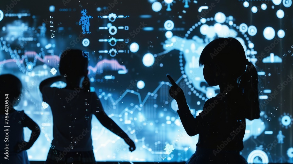 Poster children interacting with futuristic interface - silhouettes of children engaging with an interactiv